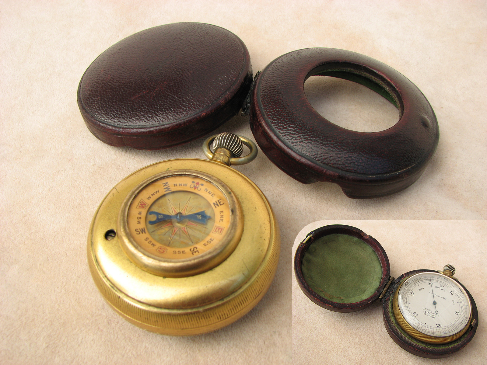 James Brown Victorian pocket barometer and compass compendium in case